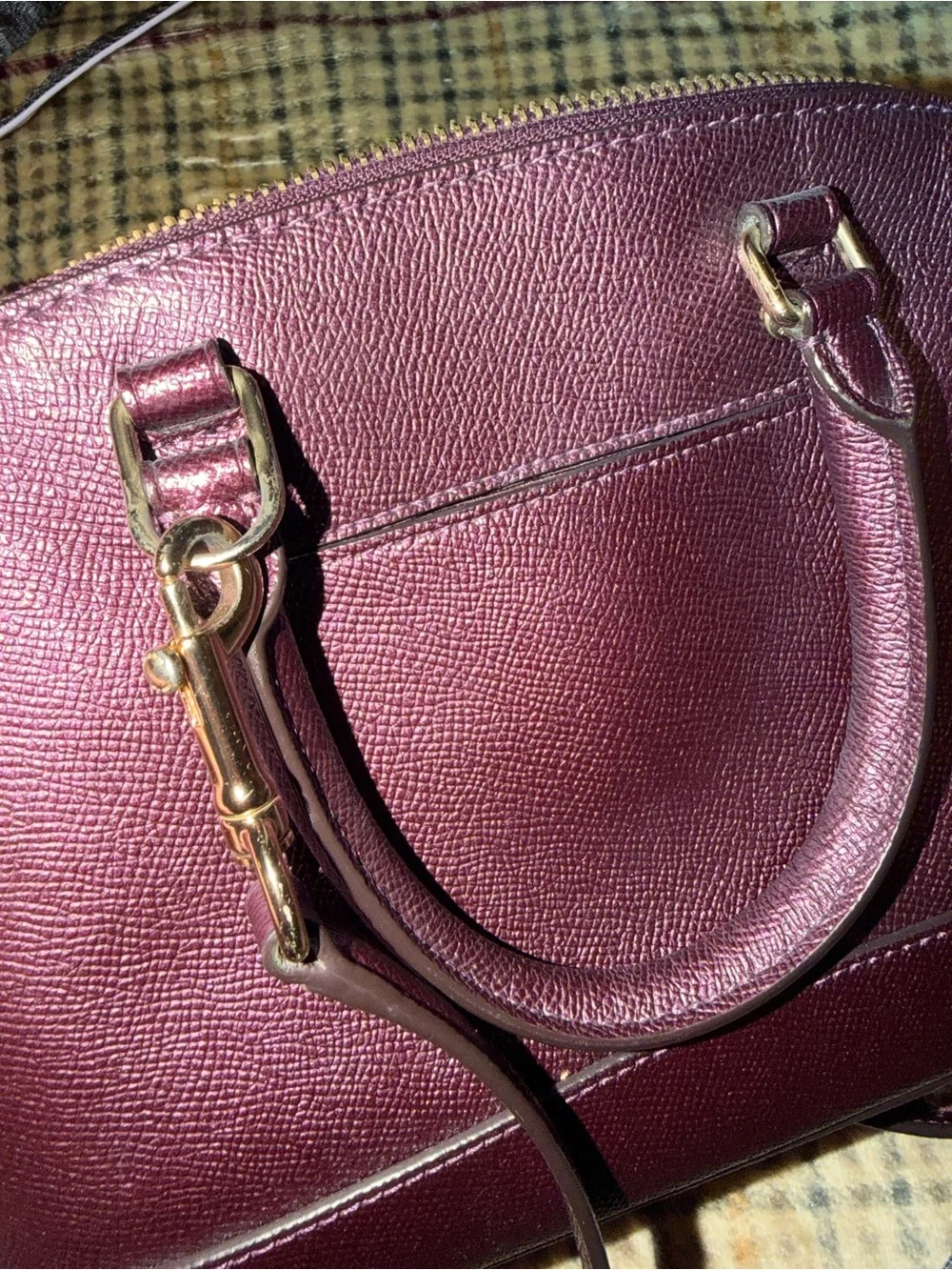 Coach Pebbled Dome Satchel in Plum with Gold Hardware